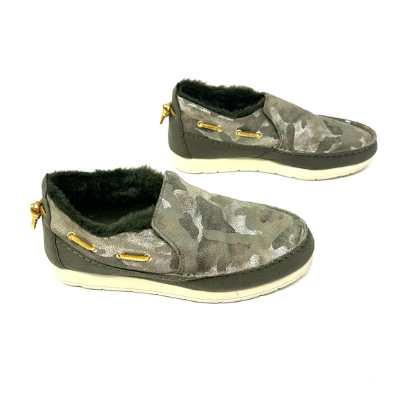 Sperry size 7.5 STS86941 Olive camo fur lined slip on shoes leather D21-61971 - Picture 3 of 9